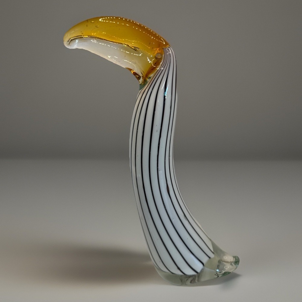 Vintage Murano Blown Art Glass Bird Tucan Pelican Black White Stripe Yellow 10"